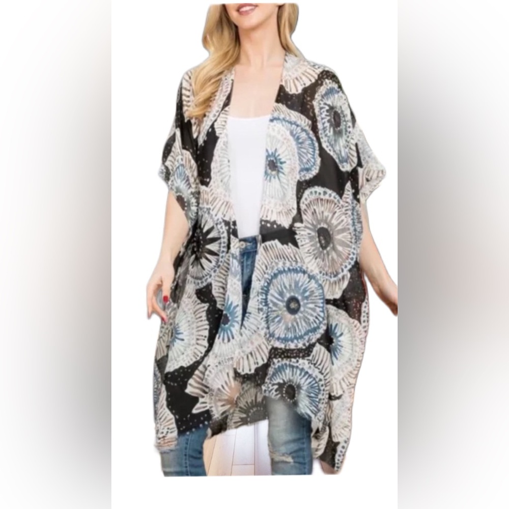 Boho Kimono Women's Bold Print Open Front Knee Length Floaty Sleeves One Size